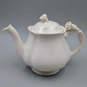 Vintage I. Godinger White Ceramic Teapot - Sculptured Rose Handle and Lid Finial